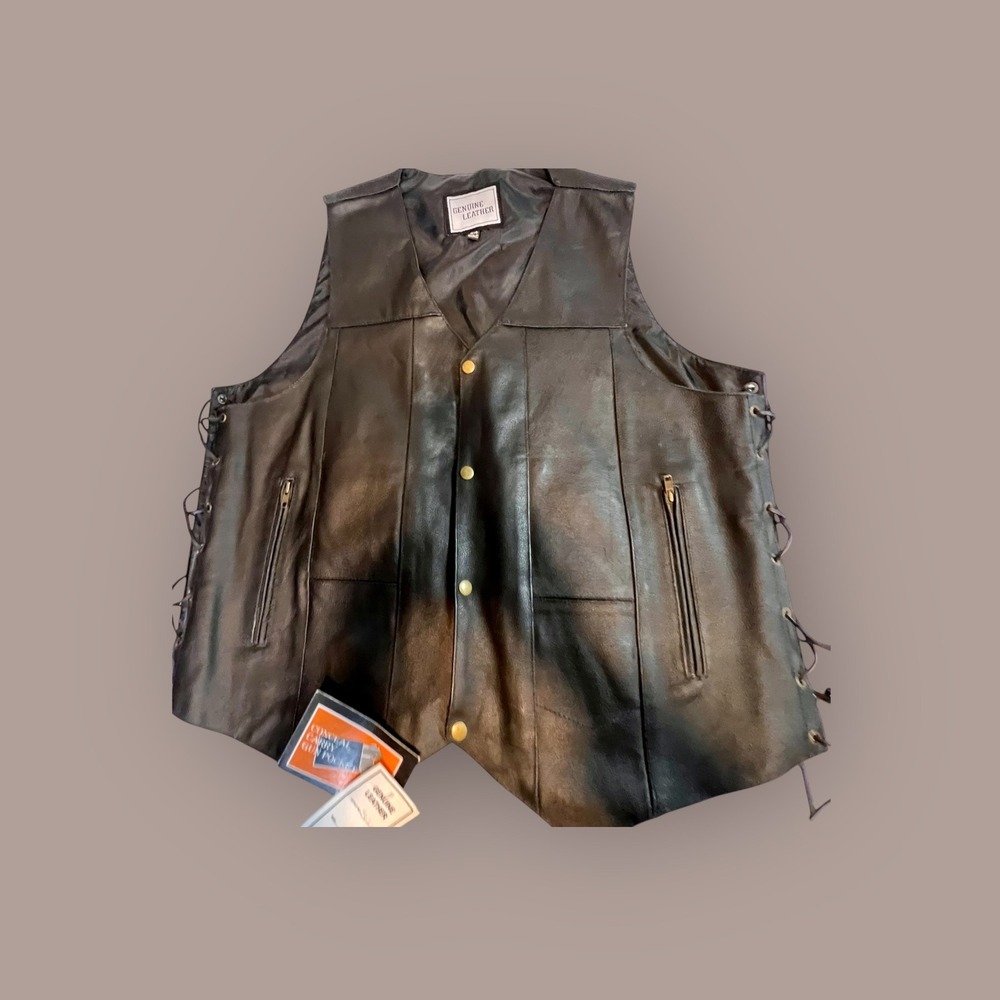 Genuine Leather 50 Biker Vest Mens Black  New Concealed Pocket Side Lace